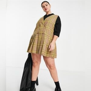Collision Brown & Yellow Y2K Plaid Pleated Preppy Double Breasted Mini Dress 16